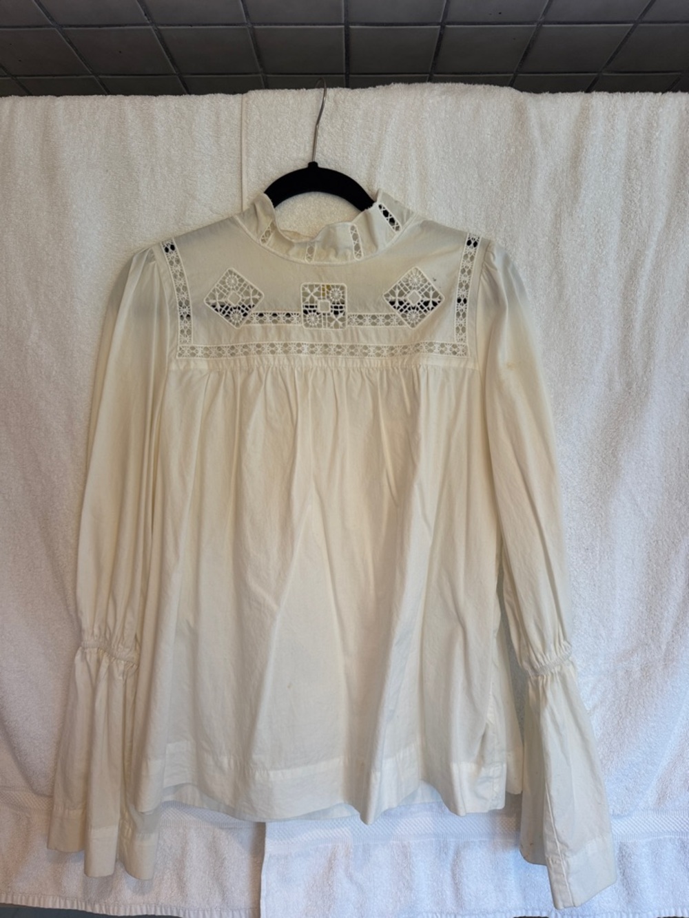 Free People Cream Lace Yoke High-Neck Blouse